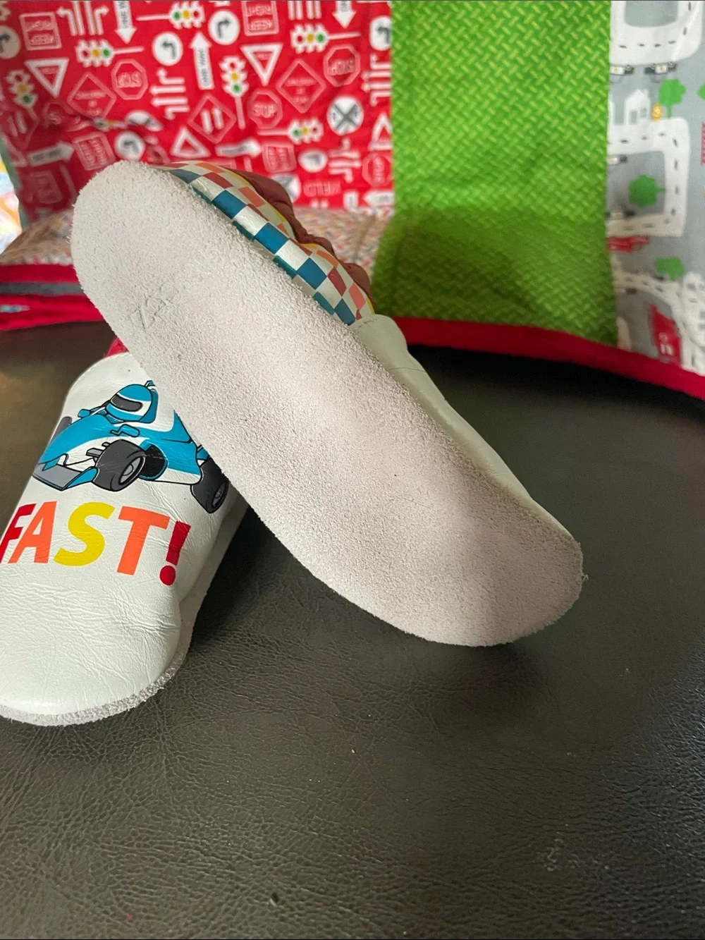 Robeez White & Red 'Fast! Tiny But' Race Car Soft Sole Baby Shoes